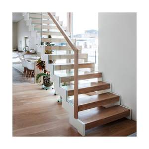 Glass Railing Double Beam Straight Wooden Staircase - 副本 - 副本