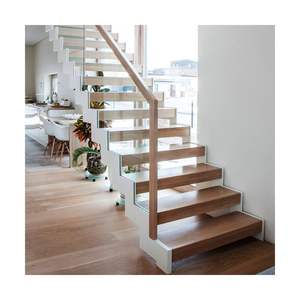 Glass Railing Double Beam Straight Wooden Staircase - 副本 - 副本