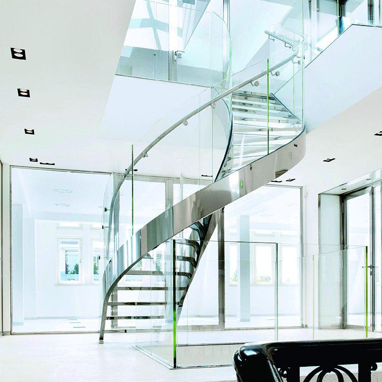 Mirror Surface Stainless Steel--Wooden Curved Staircase