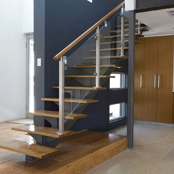 glass balustrade with wood handrail for staircase