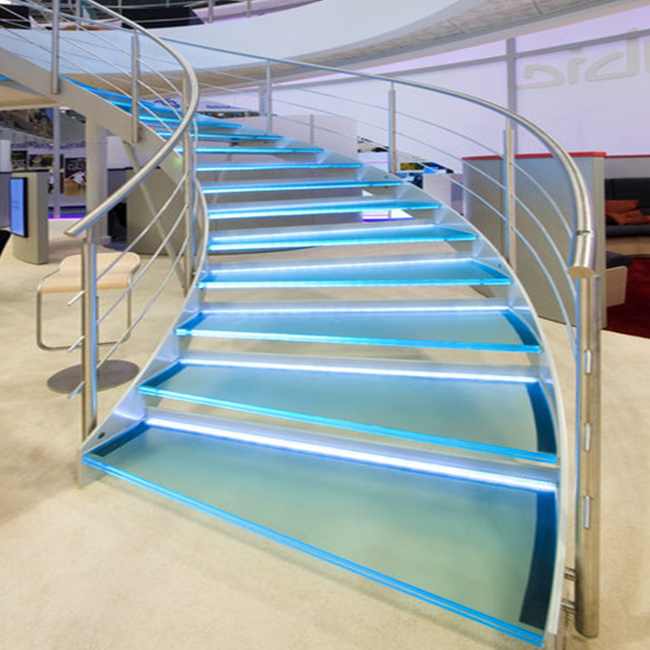 Modern curved shape steel glass railing staircase design