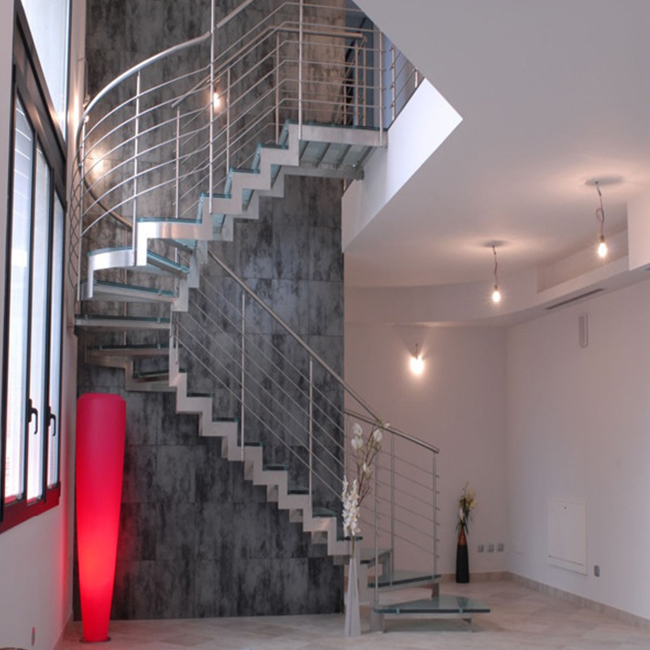 hot selling curved shape steel glass railing staircase design