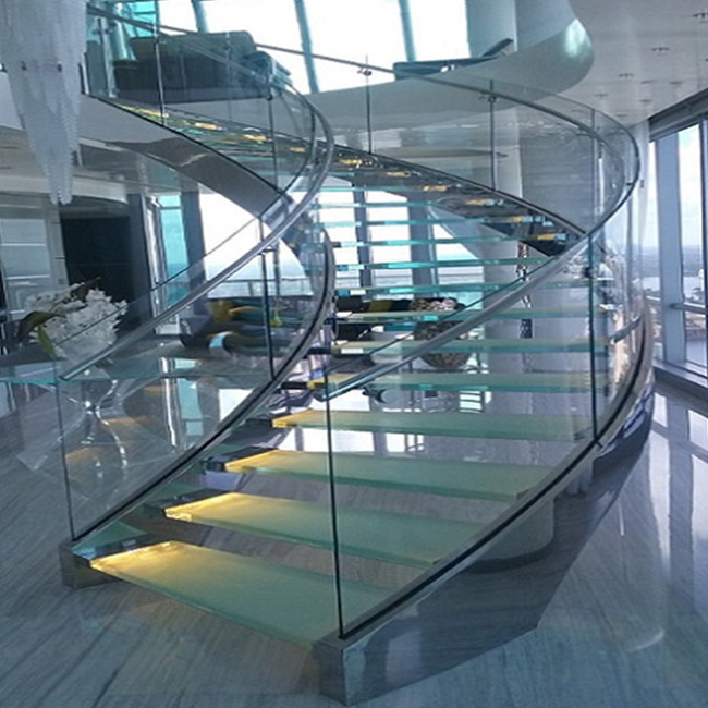 customized curved shape steel glass railing staircase design