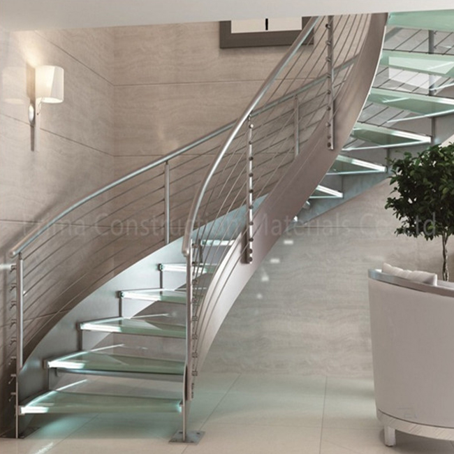 morden steel arc curved staircase with glass step