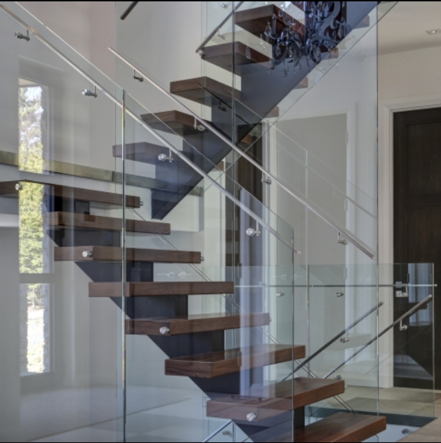 Modern stair floating straight stairs Interior staircase with Wood Tread and Glass Railing