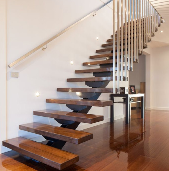 Modern stair floating straight stairs Interior staircase with Wood Tread and Glass Railing