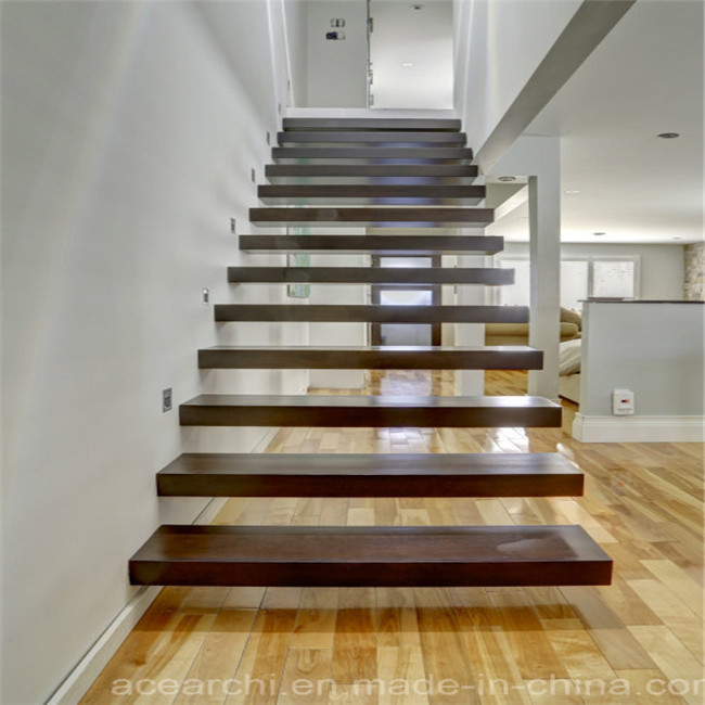 Tempered glass floating staircase with wood tread invisible stringer straight stairs