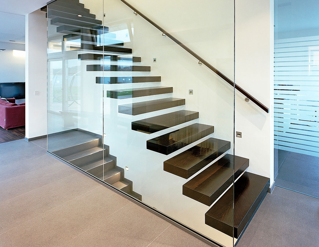 contemporary floating stairs with wood tread invisible stringer straight stair railing glass staircase